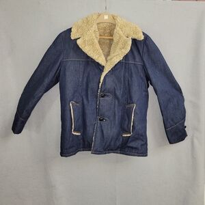 Vintage 70s Denim Sherpa Ranch Jacket Faux Shealing Lined Indigo L XL Unisex